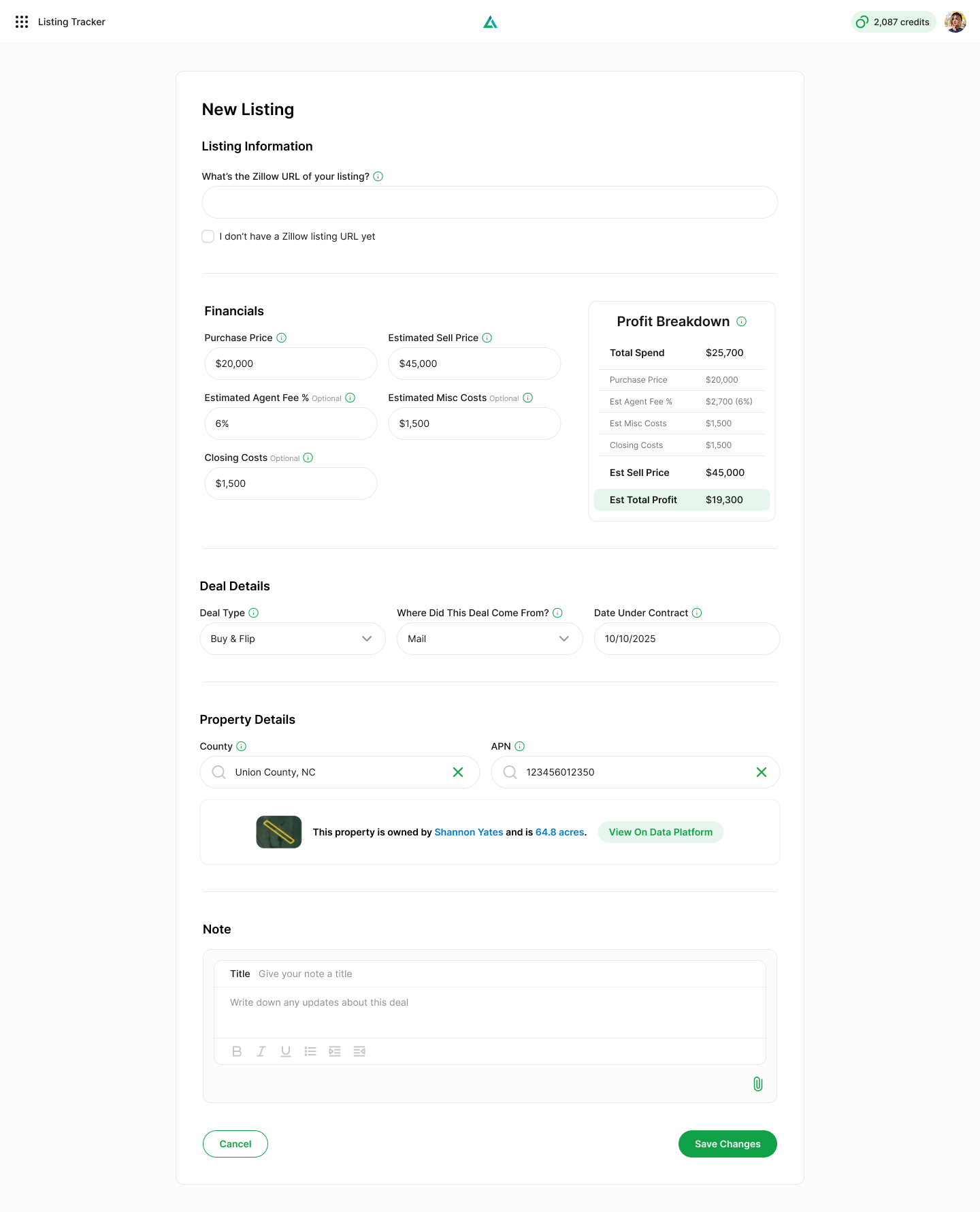 Create new listing form with Zillow URL, financials, live profit breakdown, and property lookup