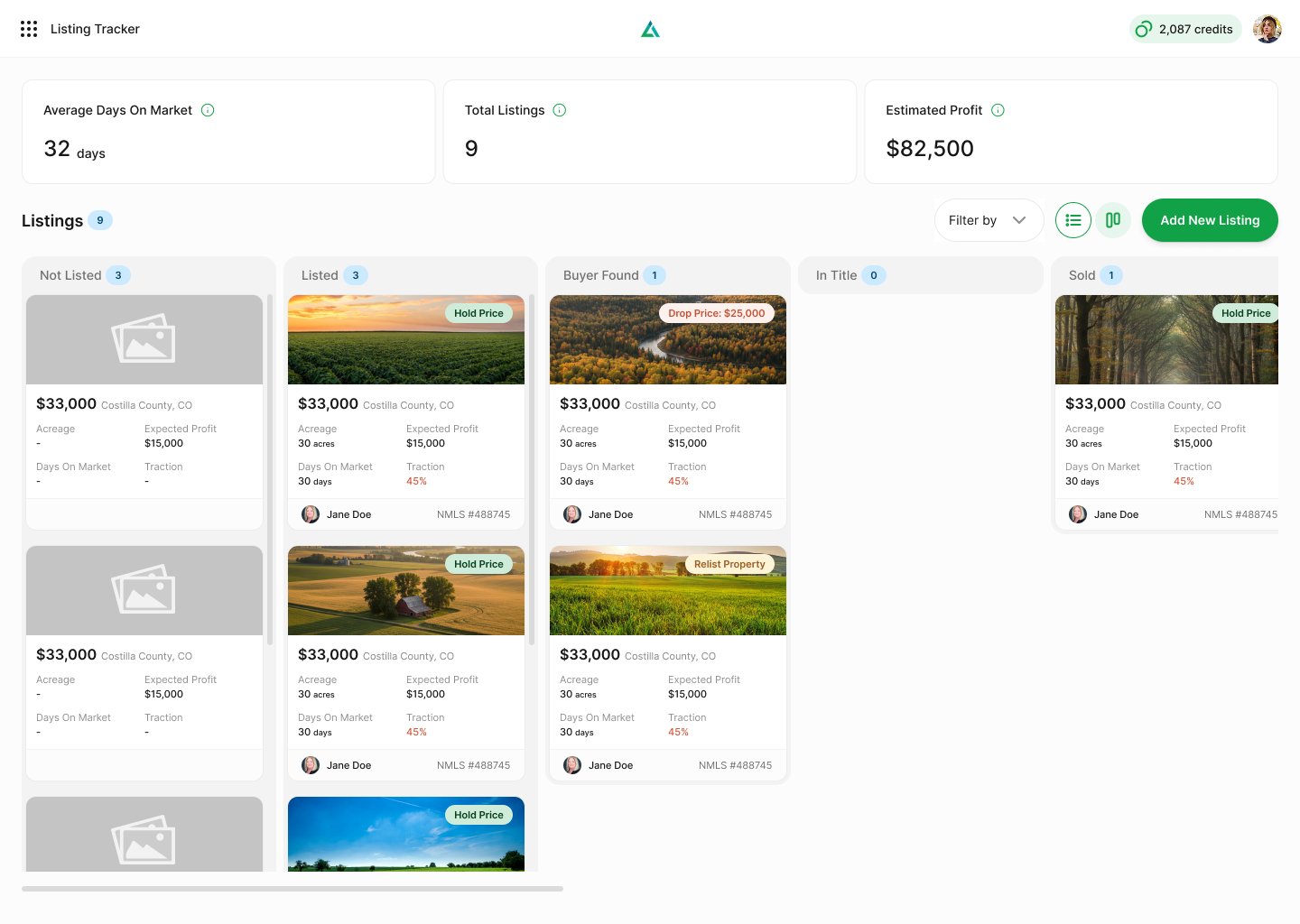 Kanban board with columns for each listing stage and rich property cards