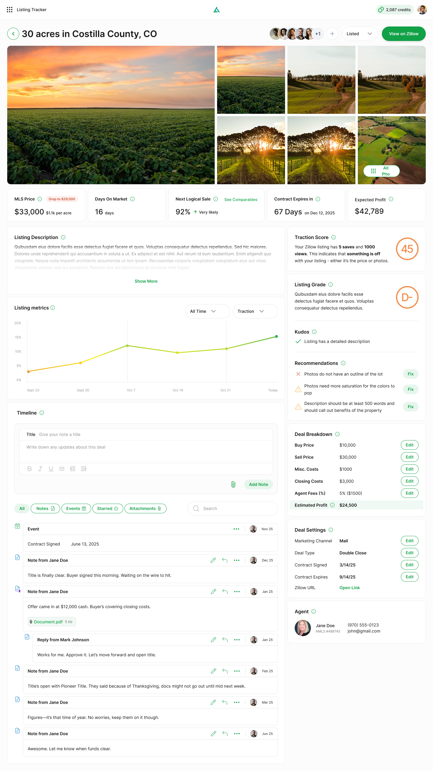 Listing detail page with photos, MLS metrics, traction score, listing grade, recommendations, and timeline