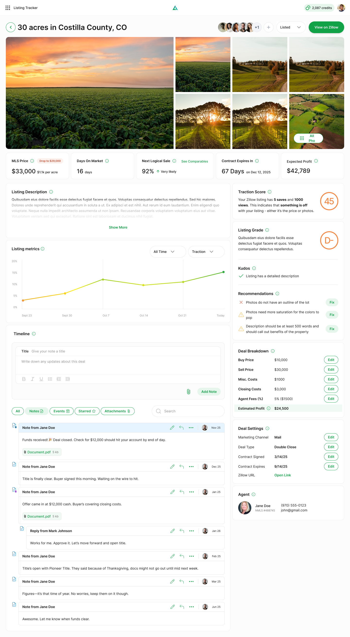 Notes and timeline interaction within a listing